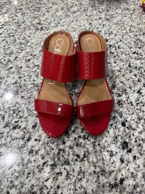 Calvin Klein Red Patent Dual-Band Slide Mules